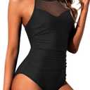 Daci Tummy Control One Piece Swimsuits - Women High Neck Mesh Bathing Suit Swimwear (Black, L)