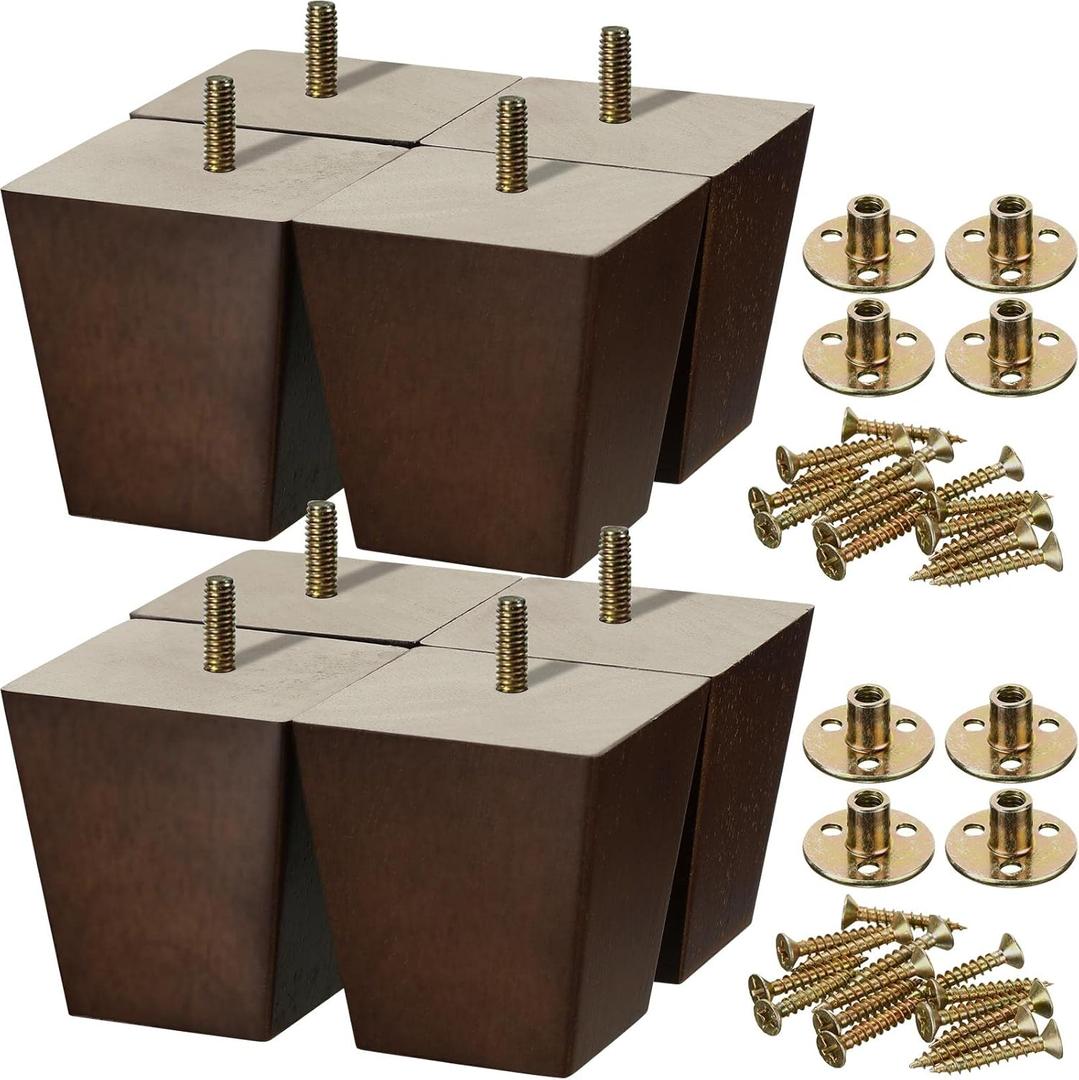 Hoteam Set of 8 Wood Furniture Legs 3 Inch Square Furniture Couch Sofa Dresser Legs Mid-Century Chair Feet Sofa Replacement Parts for Sideboard Recliner Coffee Table DIY Projects Living Room (Brown)