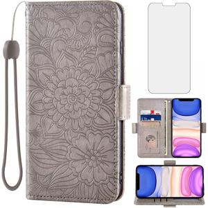 Compatible with iPhone 13 Pro 6.1 inch Wallet Case and Tempered Glass Screen Protector Card Holder Stand Magnetic Leather Phone Cover for iPhone13Pro 5G i i-Phone i13 iPhone13 13Pro Women Men Grey