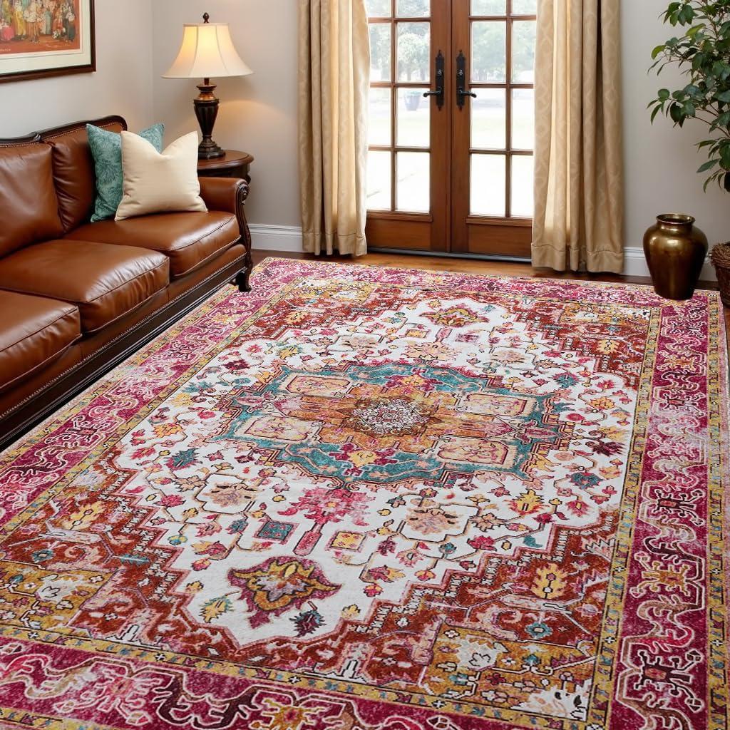 Washable Area Rugs3x5, Low Pile Super Soft Carpet, Vitnage Distressed Rug for Bedroom, Living Room, Dining Room, Non-Slip, Low Pile, Blue, Plum