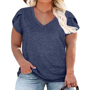 Womens Plus Size Tops V Neck T Shirts Casual Loose Petal Sleeve Tee Shirts (Blue, L)