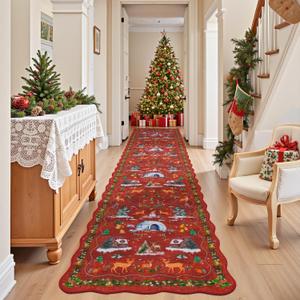 Christmas Runner Rug for Hallway 2x10, Scalloped Red Long Kitchen Runner Rugs Non Skid Washable, Soft Tree Winter Snow Xmas Floor Carpet Runners for Bedroom Entryway Balcony