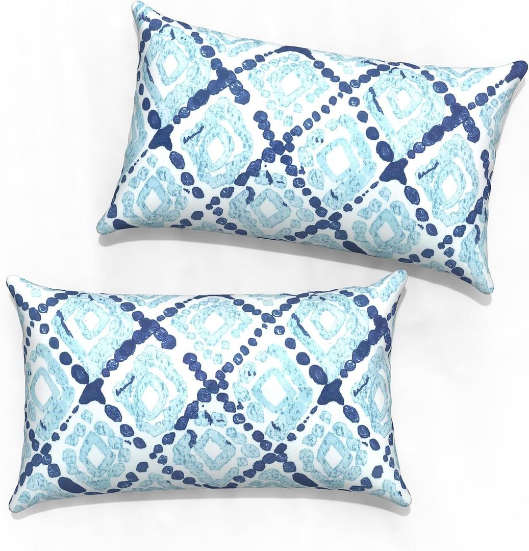 Outdoor Lumbar Pillow Covers 12x20, Rectangle Throw Pillow Covers for Patio Furniture, Decorative Lumbar Cushion Case for Garden Balcony Couch Office Chair, Pack of 2, Boho Geometry Blue