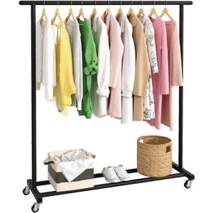 Buzowruil Clothing Clothes Rack Standard Rod Simple Rolling Metal Garment Rack Organizer Freestanding Hanger with Wheels,Black