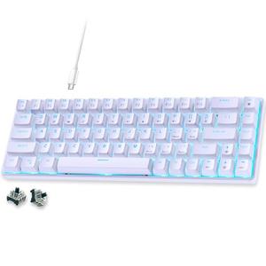 abucow 65% Mechanical Gaming Keyboard, Black Switch Wired Compact Keyboard with Blue Backlight, Swappable White Keycaps, for Windows/Mac