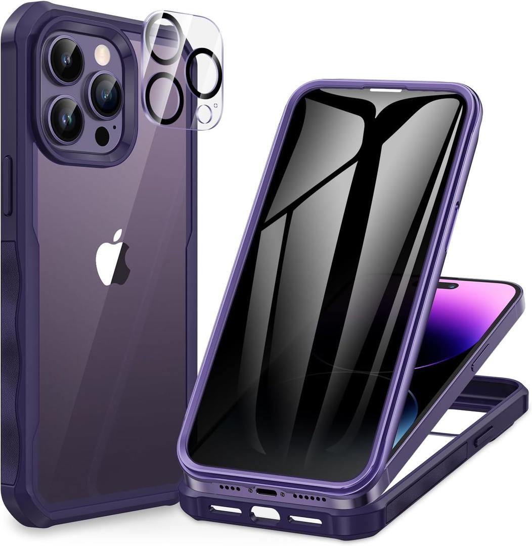 CENHUFO Privacy for iPhone 14 Pro Max Case, Full Body Phone Case with Built-in 9H Tempered Glass Privacy Screen Protector and Camera Lens Protector, Anti Peep Shockproof Bumper Cover - Deep Purple