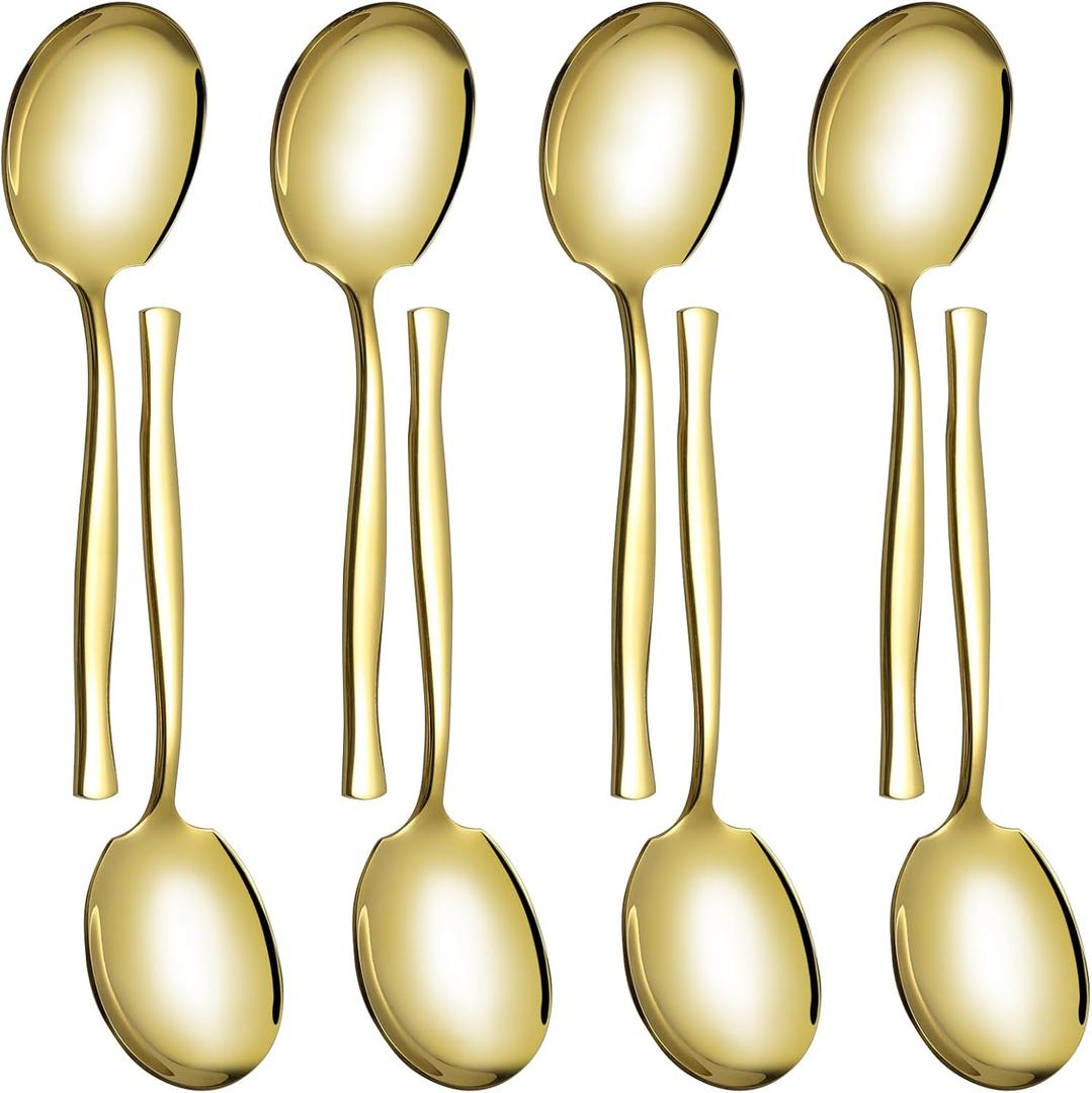 8-Piece Stainless Steel Buffet Banquet Serving Spoons, Gold Large Serving Spoon