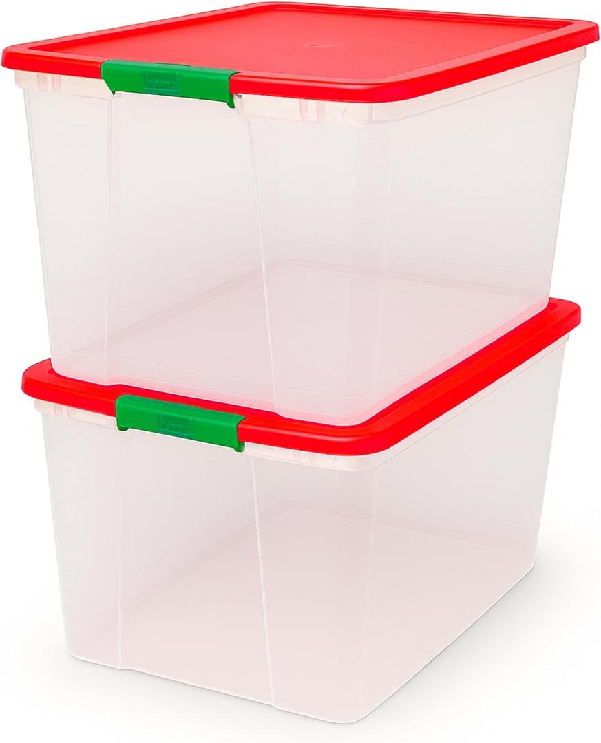 HOMZ 2 Pack Secure Latch, Clear Plastic Storage Organizer Bins, 64 Quart, Red Lid - Stackable Container Boxes for Bedroom, Bathroom, Garage, and Office Organization
