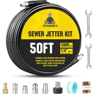 Pressure Washer Drain Jetter  Sewer Jetter Kit for Pressure Washer 50ft 1/4 Inch NPT Hose Nozzles and Adapter 5800PSI Clears Clogs in Pipes & Sewer Lines