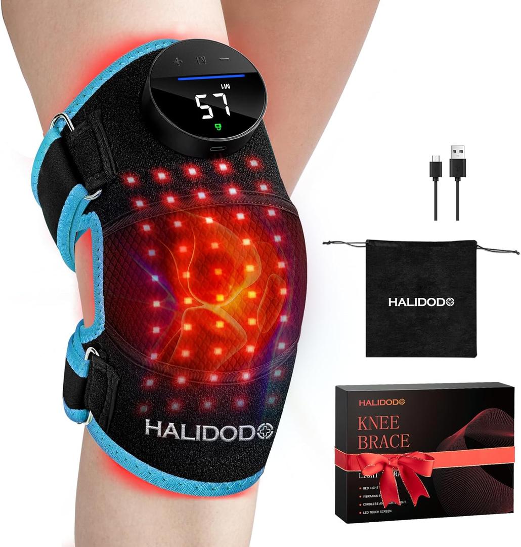 HALIDODO Red Light Therapy & Vibration Massage Knee Brace - Rechargeable Controller, 660nm&850nm Red Light Therapy Heated Device for Knee/Joint/Elbow/Shoulder, Blue.