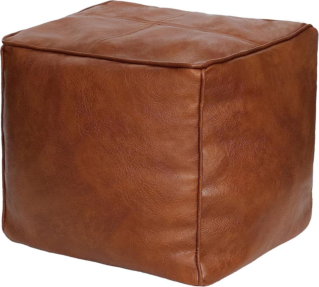 Thgonwid Unstuffed Handmade Cube Pouf Faux Leather Ottoman Cover, Square Pouffe Footstool Storage Stool, Bedroom Living Room, 14 Hx 15.7W, Brown
