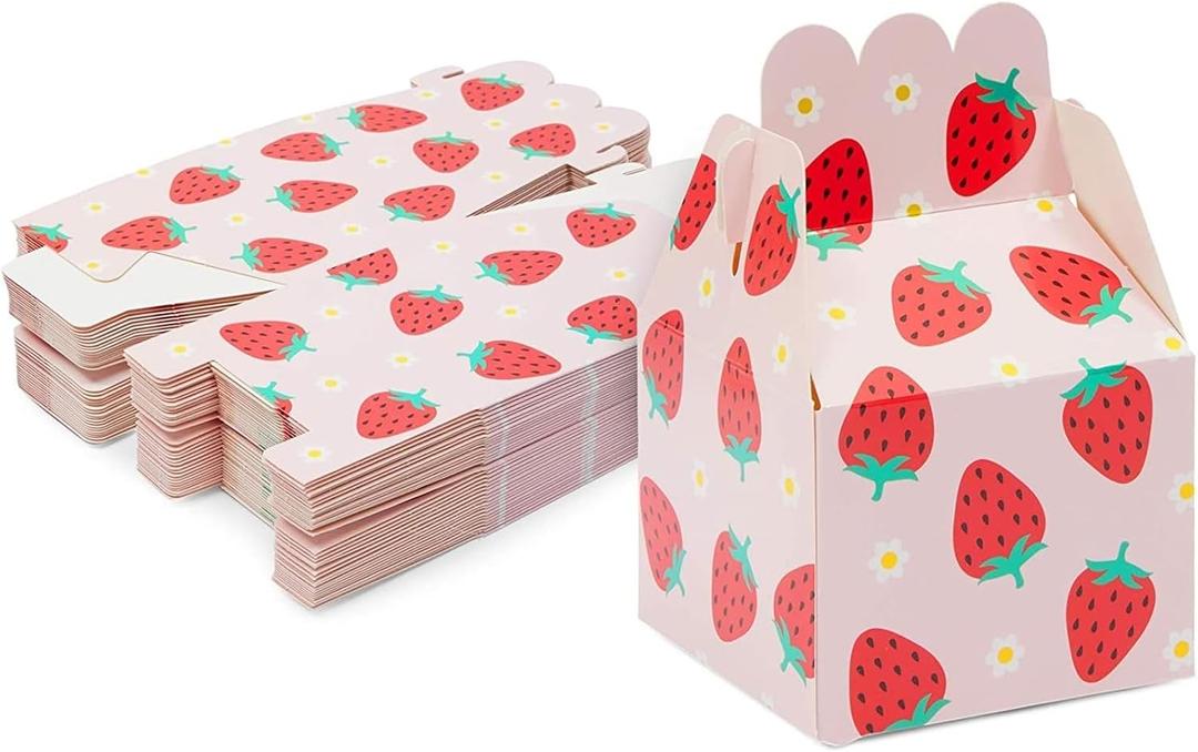 Sparkle and Bash Strawberry Goodie Boxes - Pink, 3.5 x 3.5 x 5.8 in, 36 Count - Party Favor Candy Boxes Bags for Strawberry Themed Party Decor