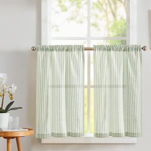 Vangao Stripe Farmhouse Kitchen Curtains 24 Inch Length Linen Cafe Curtains Tickingstripe Tier Drapes Pinstripe Semi-Sheer Small Window Treatments Rod Pocket 2 Panels Green on Beige
