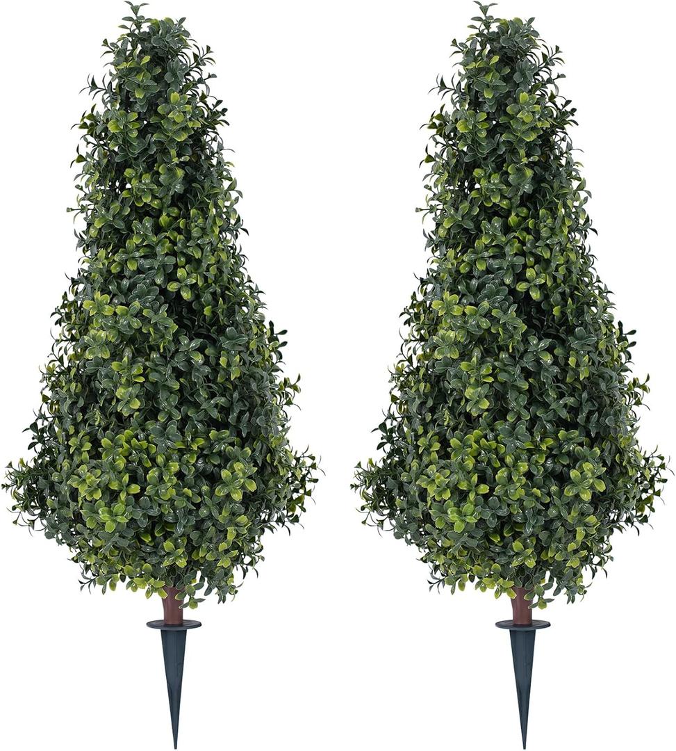 2.6FT Artificial Boxwood Bush Topiary Trees with Spike Eazy to Push in The Ground Faux Shrubs for Outdoor/Indoor Decor 2 Pack