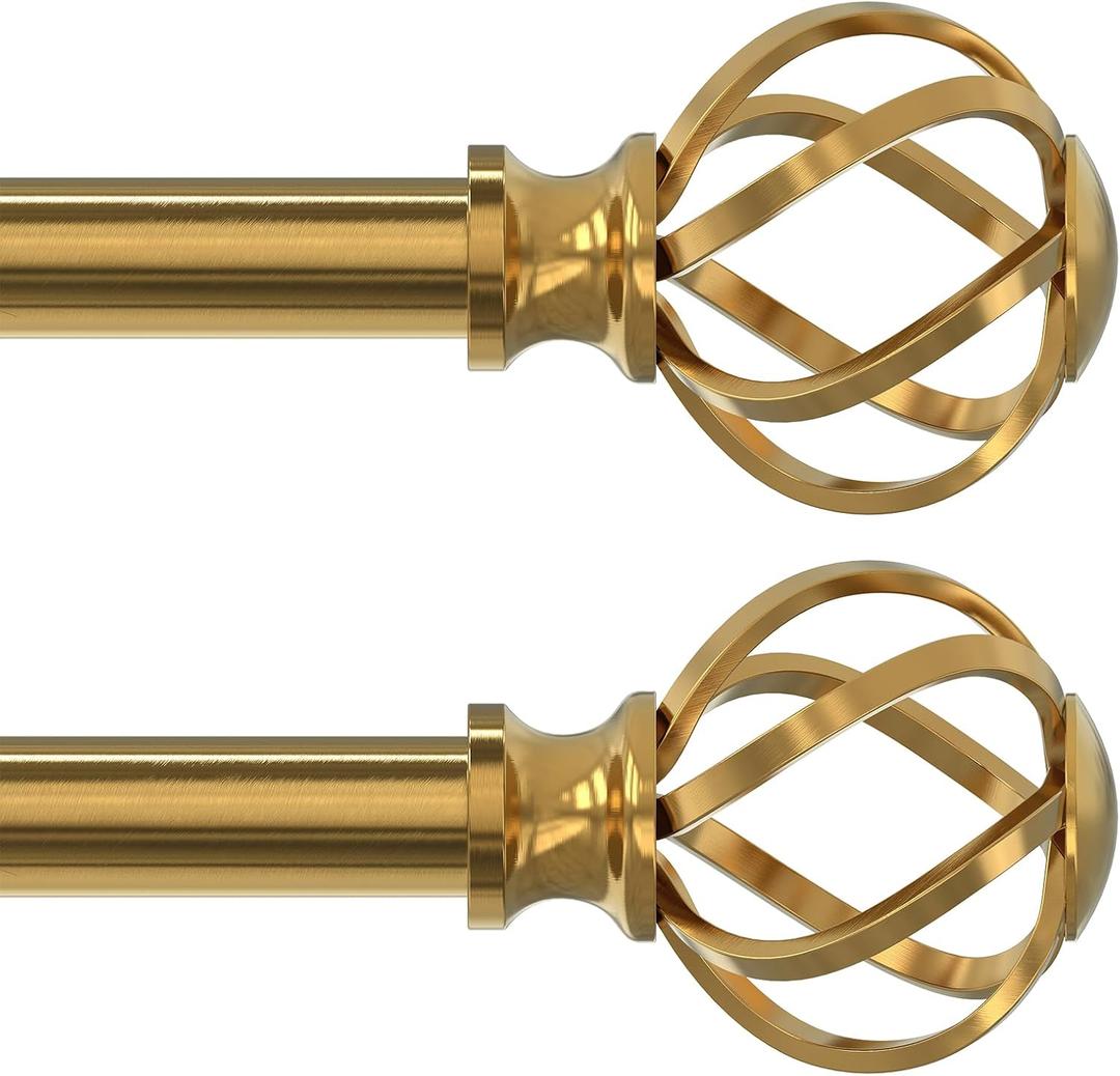 2 Pack Curtain Rods for Windows 48 to 84 Inch(4-7 Feet), 3/4" Diameter Gold Drapery Rods with Twisted Cage Finials, Size: 36-88 Inch