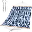 SUNCREAT Double Tree Hammock with Hardwood Spreader Bar, Extra Large Soft Pillow, Heavy Duty Hanging Hammock for Indoor, Outdoor, Blue Pattern