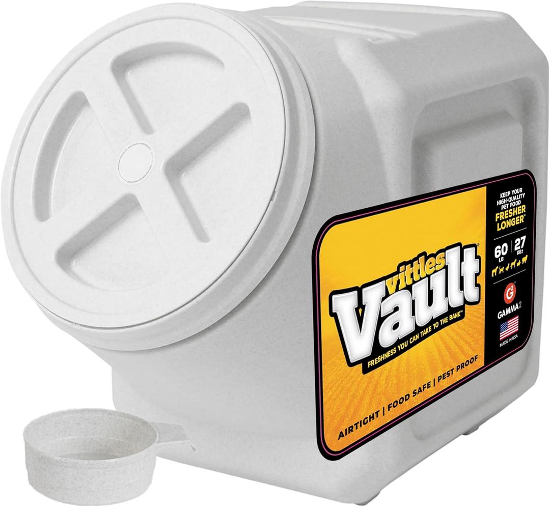 Vittles Vault Traditional Pet Food Storage Container For Dog Kibbles/Bird Seed/Oatmeal/Rice/Flour/Cereal, BPA Free Plastic, Sealed Airtight For Cat Food, Up To 60 lb, Made in USA, With Scoop, Gray, 60 Pounds