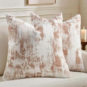 HAUSSY Pack of 2 Lumbar Throw Pillow Covers 18x18 Inch,Faux Cashmere Jacquard Decorative Patten Furry Pillowcases Textured & Soft Cushion Covers for Couch Bed Room Home Decor,Rust White(Covers Only)