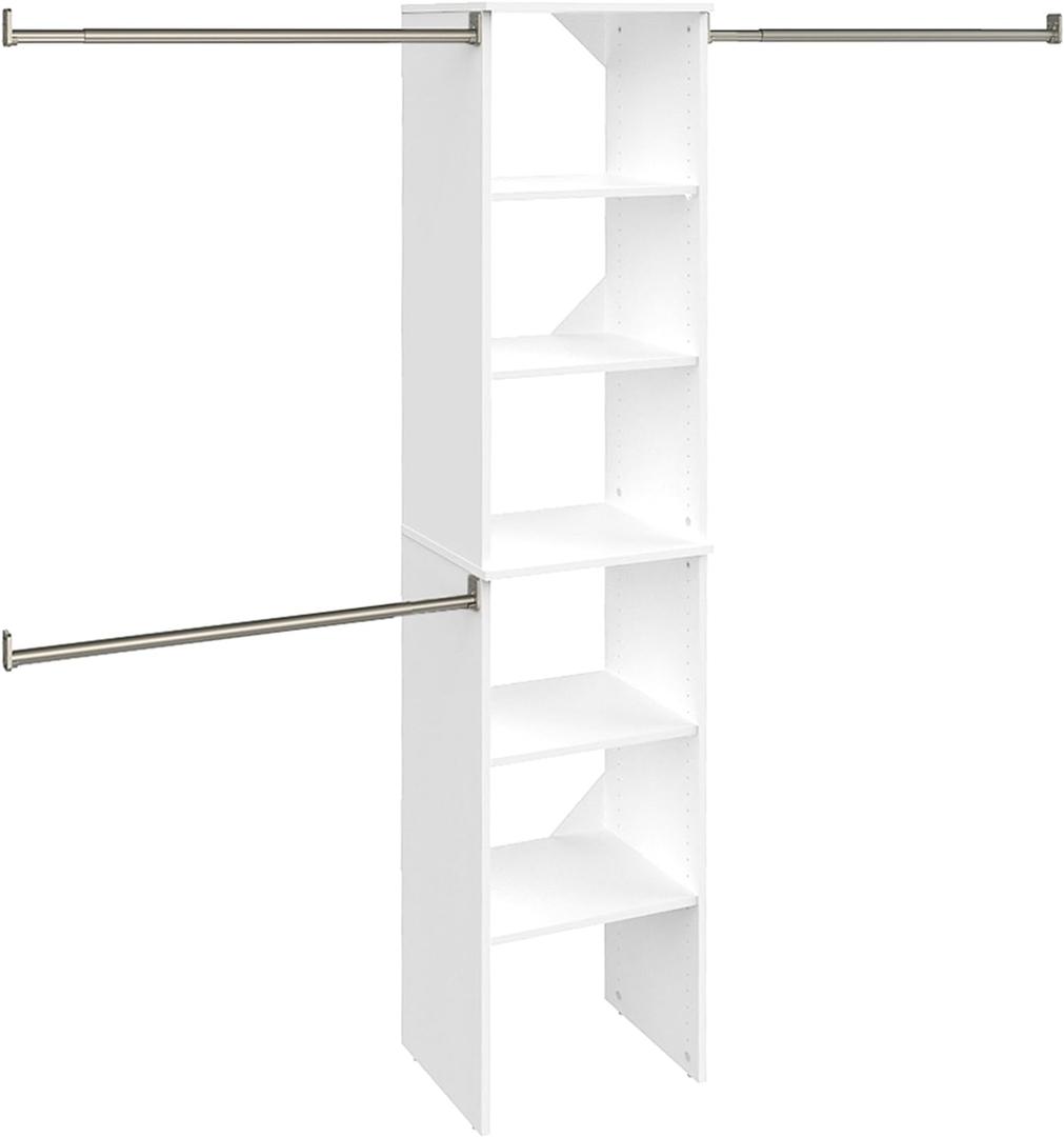 ClosetMaid SuiteSymphony Wood Closet Organizer Starter Kit with Tower and 3 Hang Rods, Shelves, Adjustable, Fits Spaces 4  9 ft. Wide, Engineered Wood, Pure White, 16"