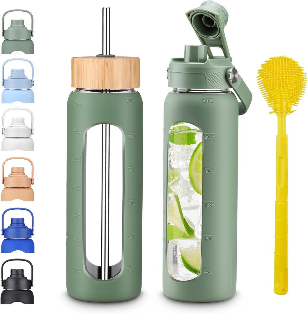 24 oz Glass Water Bottles with Straw and Lid 1 Liter Borosilicate Glass Tumbler With Silicone Sleeve and 2 Lids, Handle Spout & Bamboo Straw Lid, Leakproof BPA Free for Gym, Office, Home & Travel (Olive)
