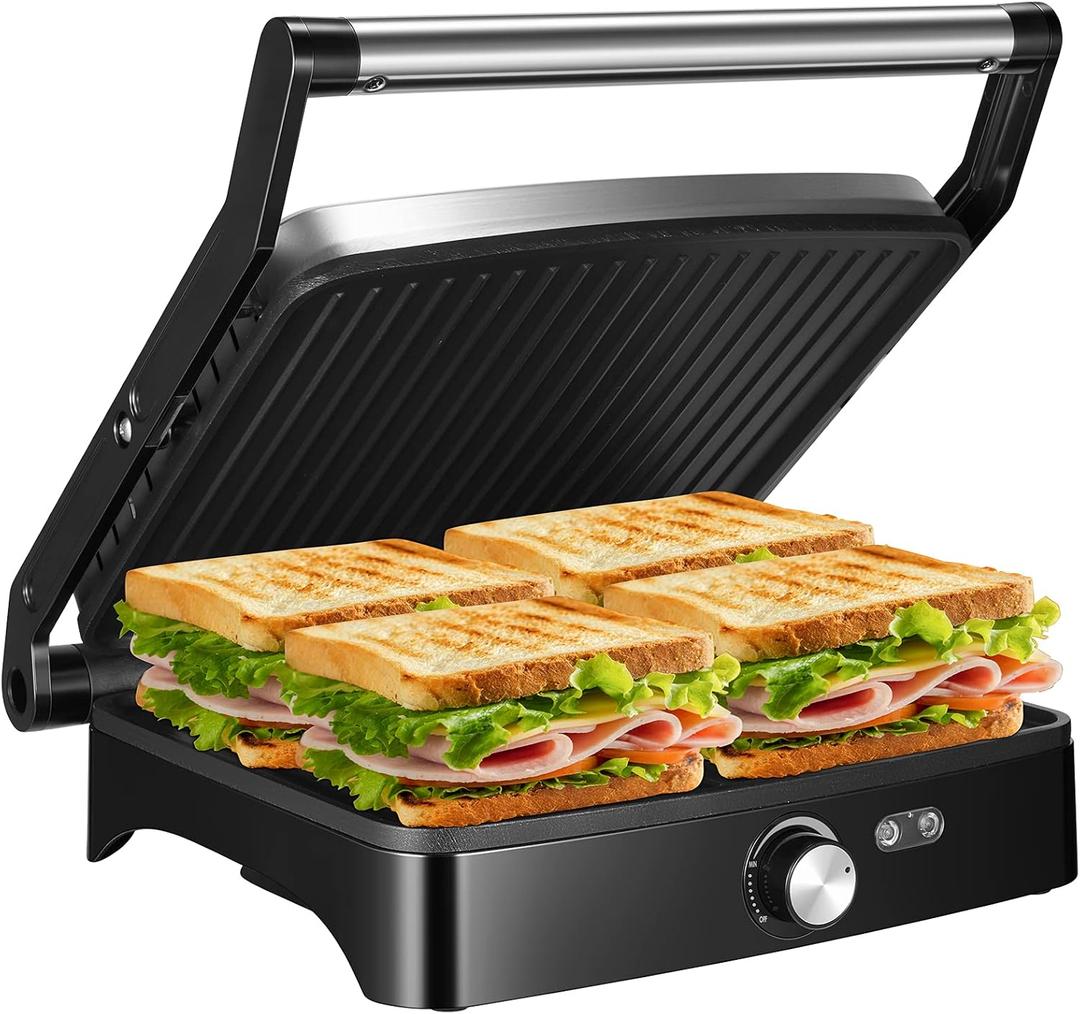 OSTBA Panini Press Grill with Adjustable Temperature, 4-Slice Indoor Grill, 180 Open Sandwich Maker with Drip Tray, Non-Stick Plates, Stainless Steel, 1200W