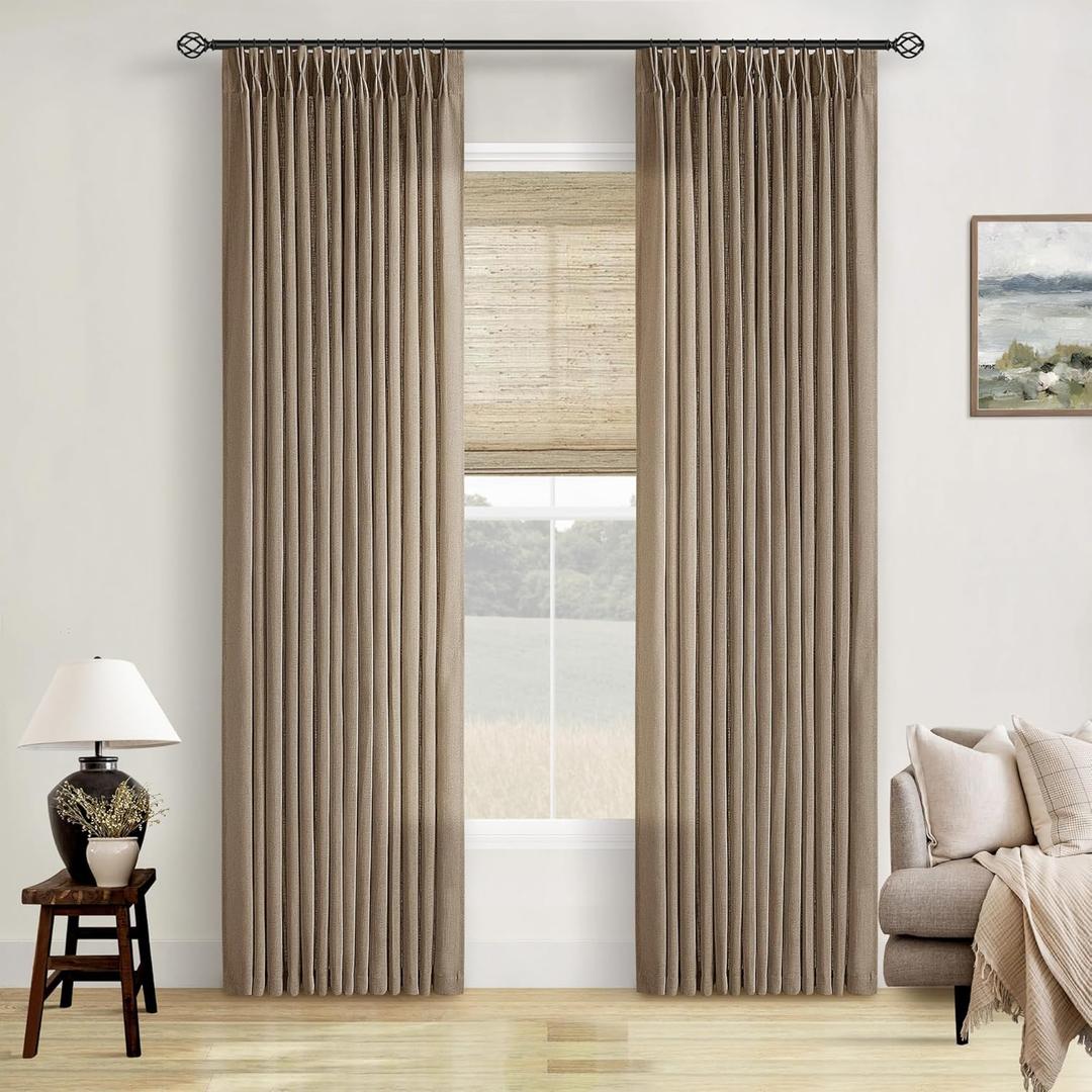 Pinch Pleated Neutral Linen Curtains 2 Panels Set Living Room Dining Pinch Pleat Back Tab Light Filtering Farmhouse Boho Retro Window Curtain Drapes 84 Inch Length Latte Tan Brown