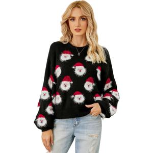 Ugly Christmas Sweater Women Funny Santa Xmas Cute Snowflake Holiday Party Knitted Pullover Tops (Black-XL)