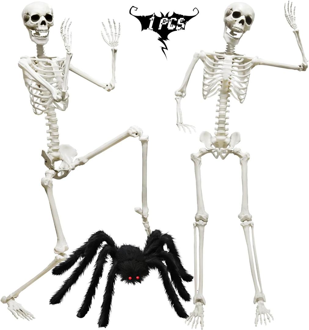 CAMIRUS 5.4ft/165cm Halloween Skeleton, Life Size Skeleton with Hairy Spider Pumpkin Bag, Full Body Human Bones with Movable Joints for Halloween Indoor Outdoor Haunted House Decorations