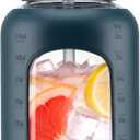 WINSA 84 oz Glass Water Bottles with Straw, 2.5 Liter Gallon Drinking Bottle with Handle, Large Glass Water Jug with Silicone Sleeve for Gym Sports,Wide Mouth, Dark Blue