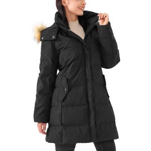 Women's Long Thicken Puffer Jacket Warm Coat with Faux Fur Removable Hood (Black, L)