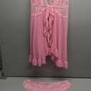 Sexy Open Front V Neck Ruffle Sheer Mesh Lace Wireless Babydoll Lingerie Dress with Thong 2 Piece (XX-Large, Pink)