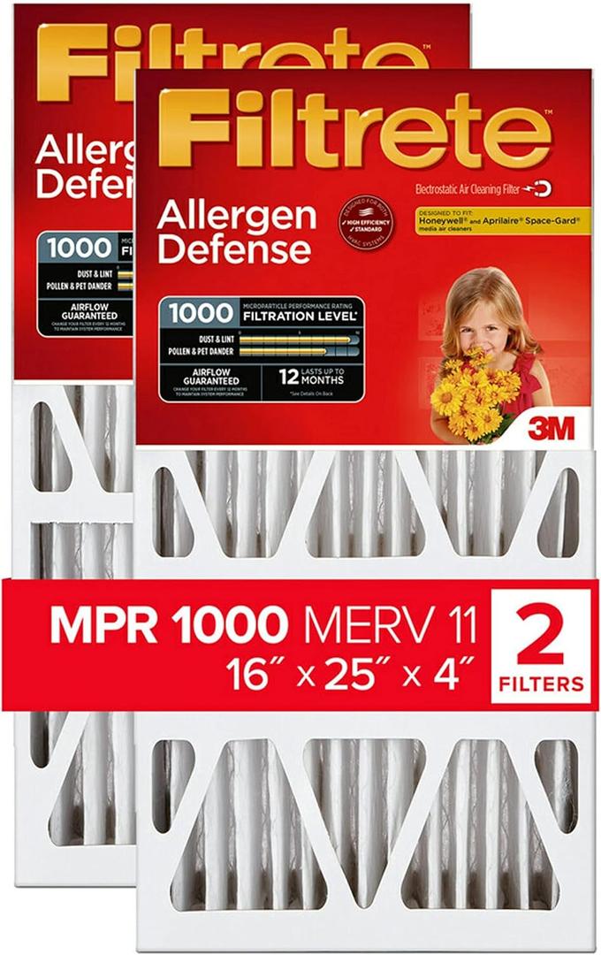 Filtrete ADP01-2PK-2 16x25x4 AC Furnace Air Filter, MPR 1000, Fits Honeywell and Lennox Devices, Micro Allergen Defense Deep Pleat, 2-Pack (Actual Dimensions 15.88 x 24.56 x 4.31), 2 Count