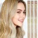 Clip in Hair Tinsel,6 Packs Champagne Gold, 24 Inch Trimmable, 75 Strands per Clip, Heat Resistant, Luxe Glitter Hair Strands for Bridal & Party Looks (02-Champagne Gold, 24 Inches 6 Pcs)