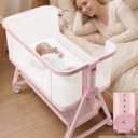 Baby Bedside Sleeper Bassinet, Bassinet Storage Basket and Wheels, Pink, Crib