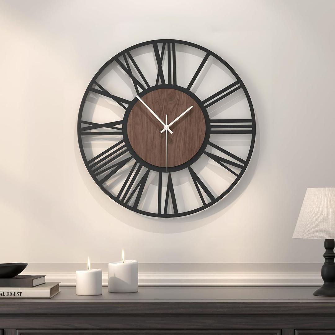 Modern Wall Clocks for Living Room, 16 inch Wood Walnut Dial Decorative Wall Clock Battery Operated, Non Ticking Silent Big Round Black Metal Clock, Bedroom, Kitchen, Office Decor-Roman Numerals