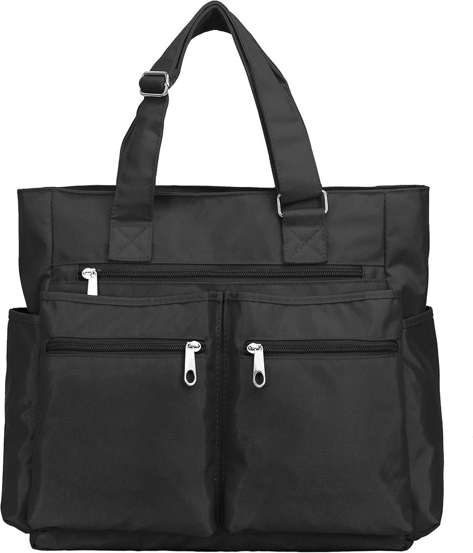 VOLGANIK ROCK Canvas Tote Bag Waterproof Nylon Multi Pocket Shoulder Bags Laptop Work Bag Teacher Purse Handbag for Women Men (Black)