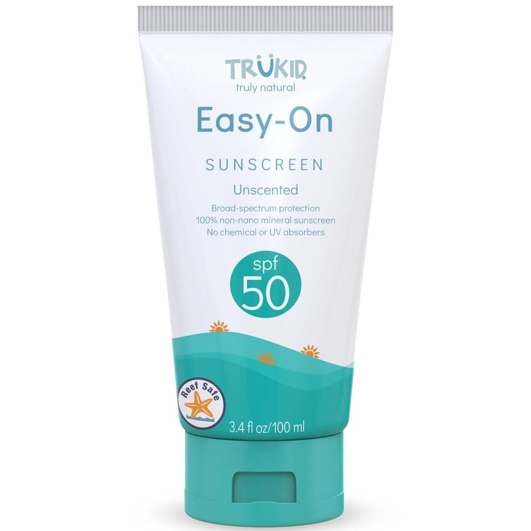 TruKid Easy On Mineral Sunscreen SPF 50 - All Natural Kids & Baby Sunscreen for Face & Body, Non-Toxic Zinc Oxide Sunblock Protection for Sensitive Skin, Unscented, FSA Eligible, Travel Size 3.4oz