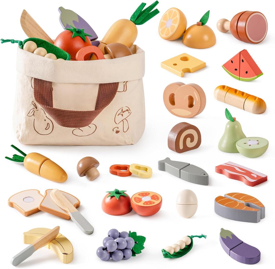 ROBOTIME Wooden Play Food 4-in-1 Cutting Set, Pretend Play Toy Food for Play Kitchen with Shopping Bag  Kids Kitchen Accessories, Wooden Play Food for Boys & Girls