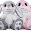 HO-EF 8.5" Bunny Stuffed Animal, 2 Sitting Bunny with Flappy Ears Plush Bunny Cute Stuffed Rabbit Plush Toy, Companion Easter Gift for Boys Girls Babies Kids (Pink+Grey)
