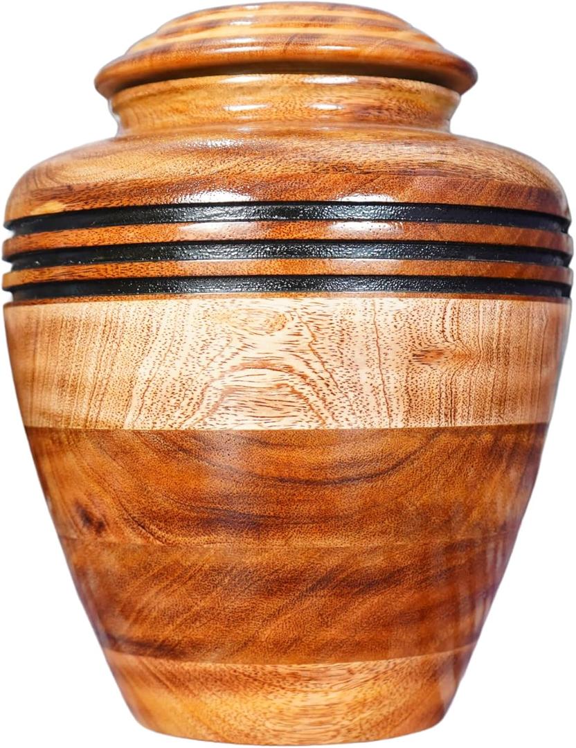 Decorative Wooden Cremation Urn with Black Accent Rings, Large Handcrafted Memorial Vase