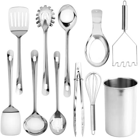 COOK WITH COLOR Kitchen Utensil Set - 9-piece premium Nonstick & Heat Resistant Kitchen Gadgets, Turner, Spaghetti Server, Serving Spoons, Whisk, Tongs, Masher & Utensil Holder, Stainless Steel
