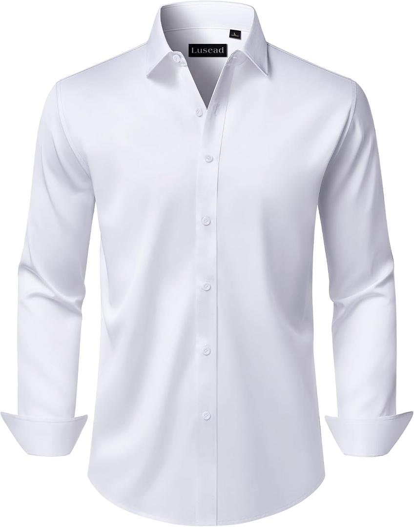 Men's Dress Shirts Long Sleeve Stretch Wrinkle Free Wedding Formal Business Button Down Shirt (White, M)
