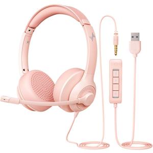 JIAMQISHI USB Headset with Microphone for PC, On-Ear Computer Laptop Headphones with Noise Cancelling Mic in-line Control for Home Office Online Class Zoom (USB+3.5mm, Pink)
