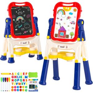 Chalk Board Easel for Kids Toys, Double-Sided Magnetic Kids Chalkboard and Dry Erase Boards, Toddler Toys for 3 Year Old Boy Gift, Art Easel Learning Educational Toy for 3 4 5 Years Old Boys Gift