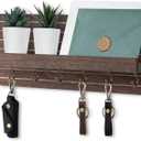 Lwenki Decorative Key Holder for Wall with Shelf, Entryway Shelf with Hooks Holds Leashes, Jackets and Glasses Sturdy Wood Keyholder Entrance Hanger with Mounting Hardware (Brown, Large)