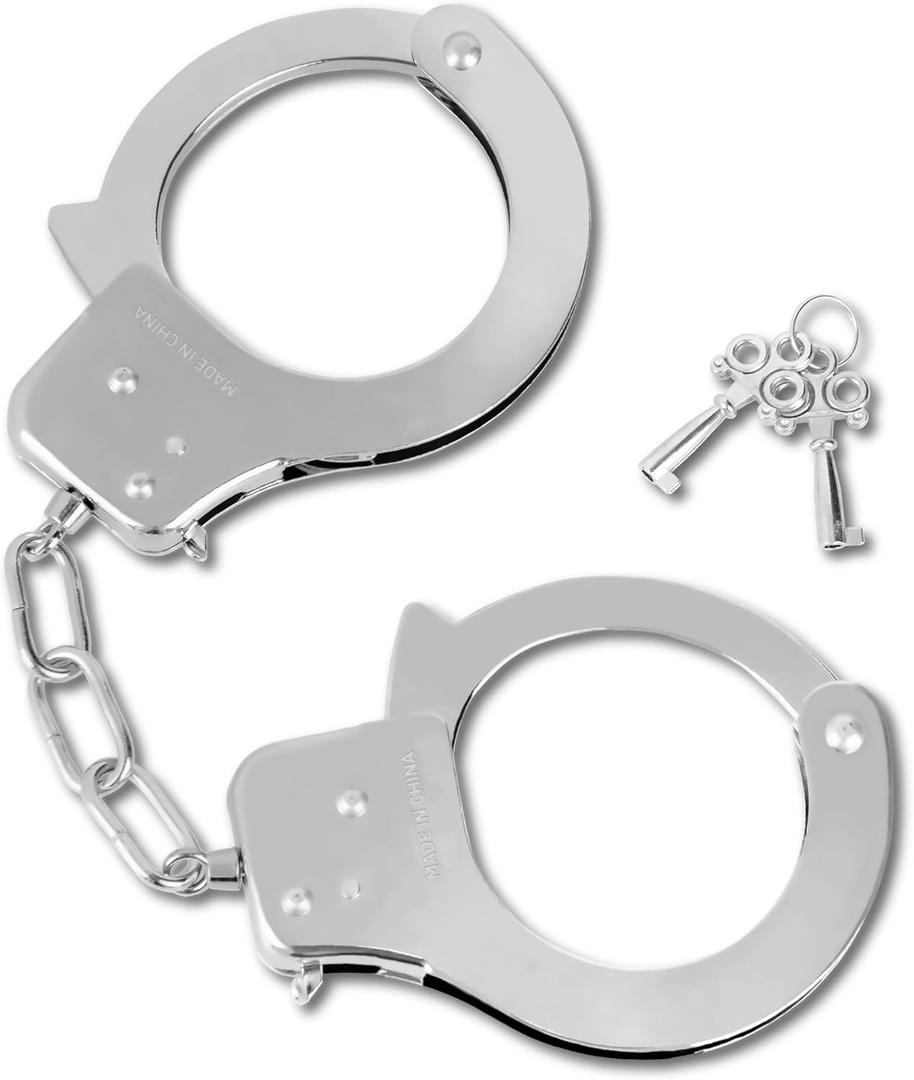 Toy Metal Handcuffs with Keys, Costume Prop Accessory Party Favors Fake Pretend Play Props Party Supplies (Silver)
