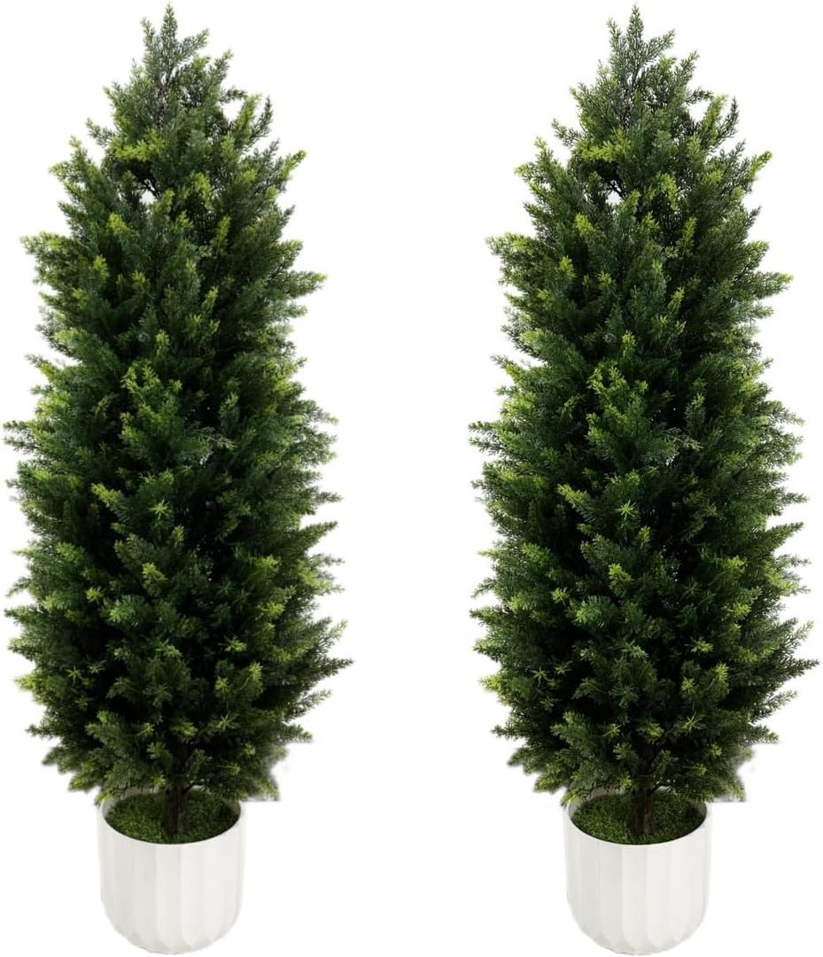 Artificial Cedar Topiary Tree with Potted 4FT, Set of 2 Outdoor Faux Plants UV Resistant Fake Bushes Shrubs for Garden, Yard, Porch, Patio Decor
