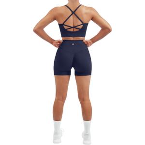 SUUKSESS Women Seamless 2 Piece Workout Sets Criss Cross Sports Bra High Waist Booty Shorts (Medium, Navy Blue)