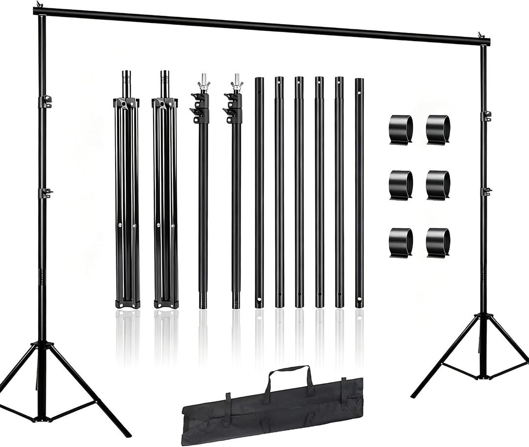 Backdrop Stand 10x7 FT, Adjustable Photography Background Stand for Parties, Photo Video Studio, Portable Photo Booth Kit with Carrying Bag, 6 Backdrop Clamps & 2 Stand Bags