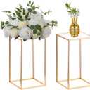 Nuptio 2 Pcs Metal Flower Floor Vase Column Flower Stand Geometric Centerpieces Vase for Tables, 15 inch Tall Gold Flower Holder for Home Party Wedding Decorations, Rectangular Flower Display Rack